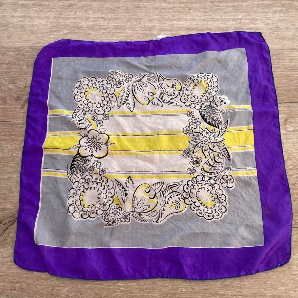 Purple Yellow & Gray Vintage Floral Silk Scarf Bandana Festival Coachella Indie